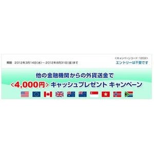 新生銀行、外貨送金で「4,000円現金プレゼントキャンペーン」を実施中