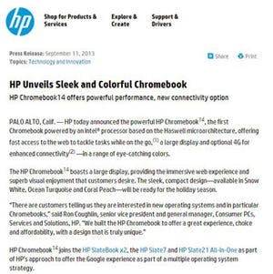 米HP、Haswellベースの14インチChromebook「HP Chromebook 14」