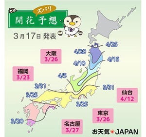 2014年の桜開花予想、東京・大阪とも3/26に - 満開日は東京・大阪とも4/3