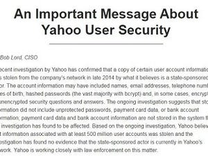 米Yahooで少なくとも5億のアカウント情報が流出