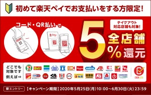 楽天ペイ、初めての利用者に導入全店舗でポイント5%還元キャンペーンを開始