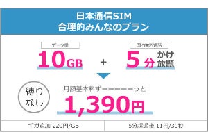 日本通信、10GB＋5分かけ放題で月額1,390円の「合理的みんなのプラン」