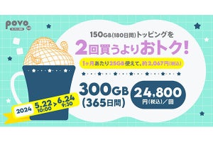 povo2.0、300GB（365日間）の期間限定トッピング - 6月24日まで
