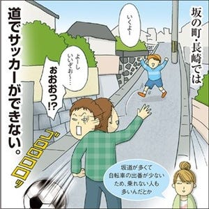 1コマ漫画 日本列島あるあるツアー 第121回 長崎県の道はサッカー少年を鍛えてくれる