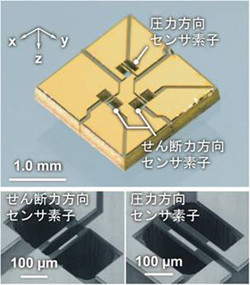 東大、全工程を半導体プロセスで製作可能な薄膜3軸触覚センサを開発