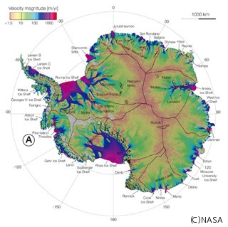 NASAなど、南極の氷の移動速度分布図を完成