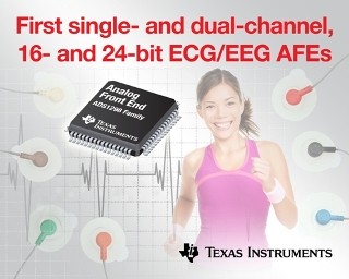 TI、心電計・脳波計向け1および2チャネル内蔵16/24ビットAFE5品種を発表