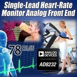 ADI、1チャネル誘導の心拍数モニタAFE「AD8232」を発表