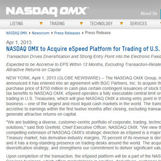 ベンチャー株式市場の「NASDAQ」を運営するNASDAQ OMXがeSpeedを取得へ