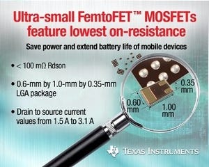 TI、オン抵抗が100mΩ未満の超小型MOSFET「FemtoFET」ファミリを発表