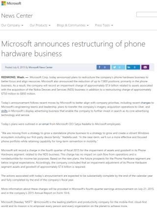 米Microsoft、携帯電話部門で7800人の人員削減 - OSグループ下に再編
