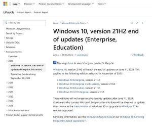 Windows 10 21H2のサポート期間の終了を再び警告、Microsoft