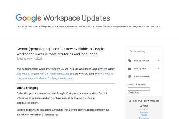Gemini for Google Workspace、日本語を含む35以上の言語で利用可能に