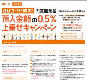 auユーザー限定! 「円定期預金」預入金額の0.5%上乗せキャンペーン開始