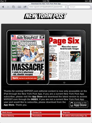 New York PostがiPadからのWebアクセスを遮断 - 有料アプリでの閲覧を促進