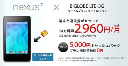 Biglobe 月額2 960円から Nexus 7 が利用できるセットプランを提供開始 マイナビニュース