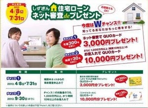 静岡銀行、住宅ローンネット審査で3000円分のQUOカードをプレゼント