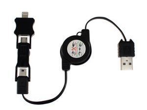 上海問屋、Lightningなど3種のコネクタを装備した巻取り式USBケーブル
