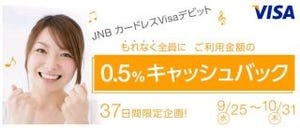 ジャパンネット銀行、JNBカードレスVisaデビットで0.5%のキャッシュバック