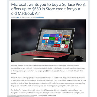 米Microsoft、「Surface Pro 3」購入時にMacBook Air下取り - 最大650ドル