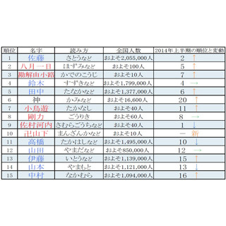 上半期名字アクセスランキングベスト100--「佐藤」「卍山下」もベスト10に!