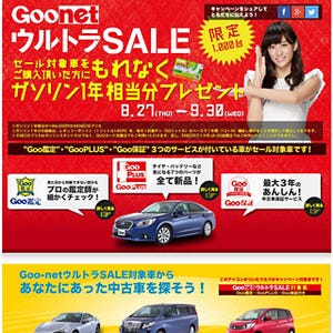 「Goo-net」が中古車セールとガソリン1年分のプレゼントキャンペーン実施