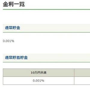 ゆうちょ銀行、通常貯金の金利0.001%に引き下げ