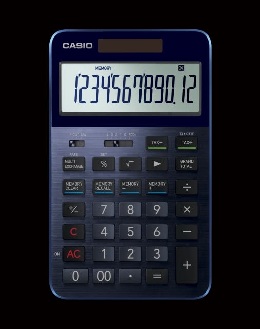 カシオのプレミアム電卓「S100」、新カラーのクールなネイビーブルー 