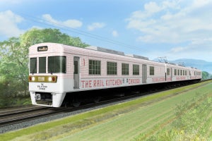 西鉄6050形改造「THE RAIL KITCHEN CHIKUGO」赤いチェックの外装