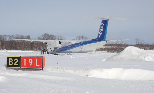 新千歳空港に着陸後、11時58分頃、オーバーランして積雪のある草地で停止した