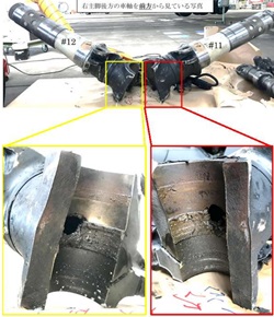 右主脚後方の車輪を前方から見ている写真