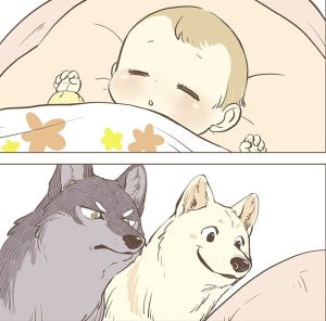狼と犬が人間の赤ちゃんをあやす漫画にホッコリ - 描写力に様々な国の読者からも好評