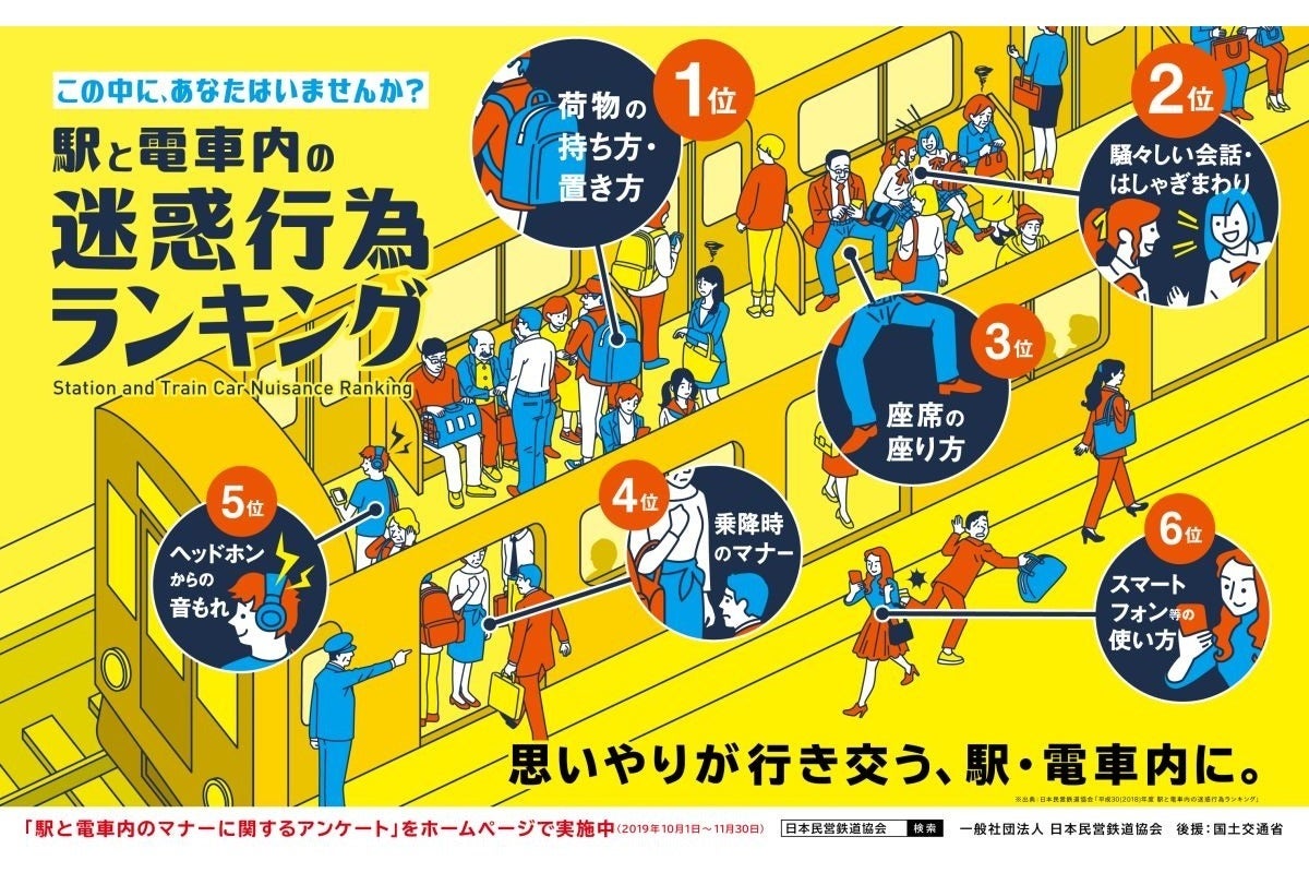 駅と電車内の迷惑行為ランキング ポスターに 全国72社で掲出 マピオンニュース
