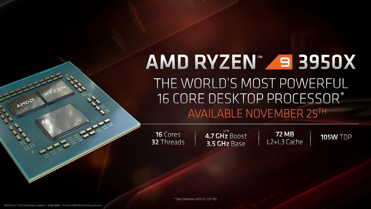 AMD、Ryzen 9 3950Xと第3世代Threadripperの発売日と追加情報を公開