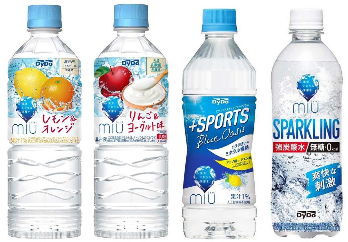 左から「ミウ レモン＆オレンジ」「ミウ りんご＆ヨーグルト味」「ミウ プラススポーツ ブルーオアシス」「ミウ スパークリング」