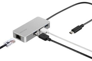 バッファロー、USB-A×3基と有線LAN×1基を増設するUSBアダプタ