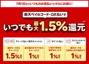 楽天ペイ、コード・QR払いで1%還元に - チャージ&決済で最大1.5%還元