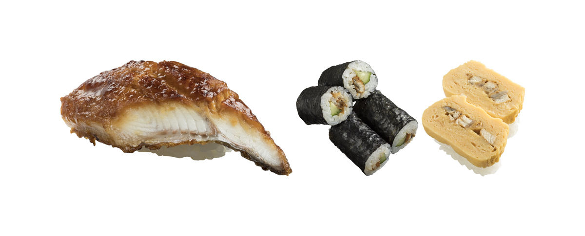 左から「超特大うなぎ」(300円)「うなきゅう巻」(150円)「う巻きにぎり」(100円)