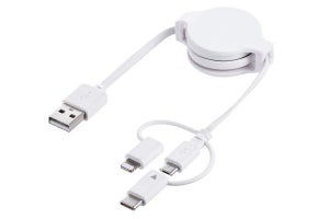 USB-C・microUSB・Lightningコネクタを備えた巻き取り式ケーブル