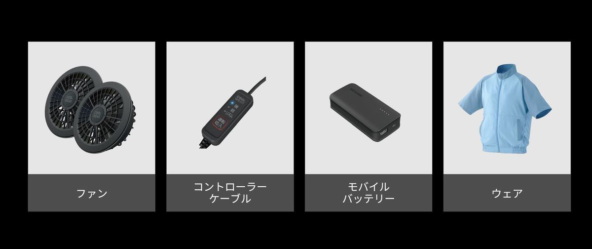 クールウェアのセット販売で付属する物一覧。製品名にセットとつくものにはモバイルバッテリーやファンが含まれる