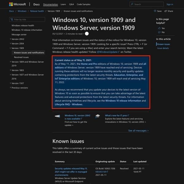 「Windows 10, version 1909」HomeとProがサポート終了 | TECH+