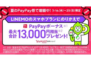 Yahoo!携帯ショップで他社からLINEMOに乗り換えると、最大13,000円分のPayPayボーナス