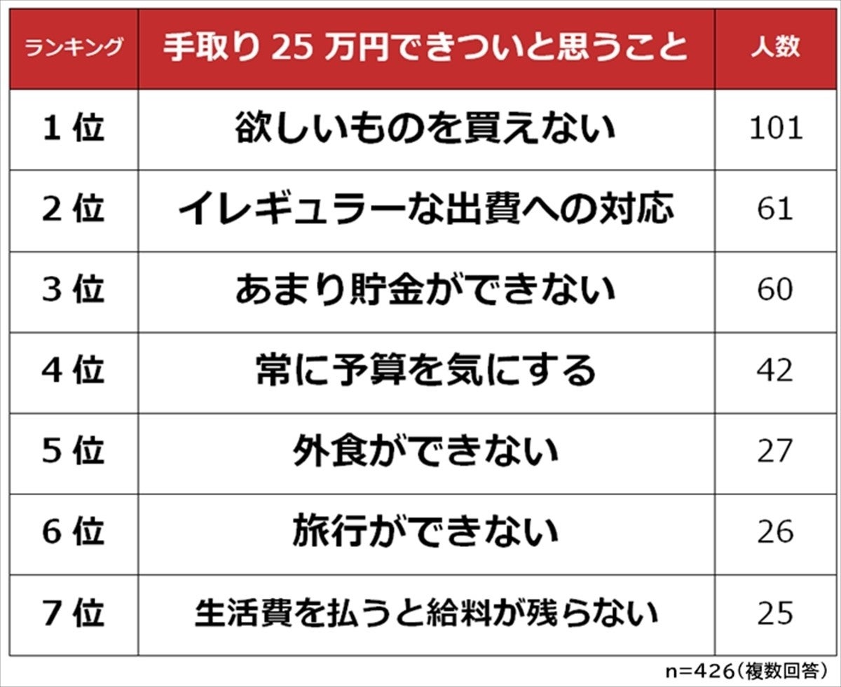 手取り25万円できついと思うこと 2位 イレギュラーな出費への対応 1位は マイナビニュース