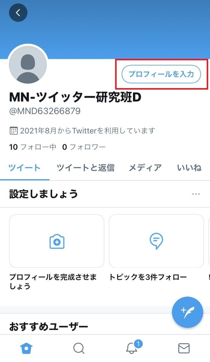 アイコン画像も自己紹介文も未設定のプロフィール画面