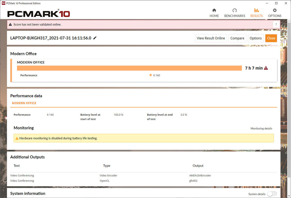 PCMark 10のBattery Test（Modern Office）の結果