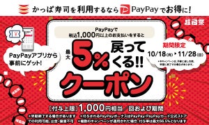 【かっぱ寿司×PayPay】最大5%戻ってくるオトクなクーポン配布中! お持ち帰り商品も対象!