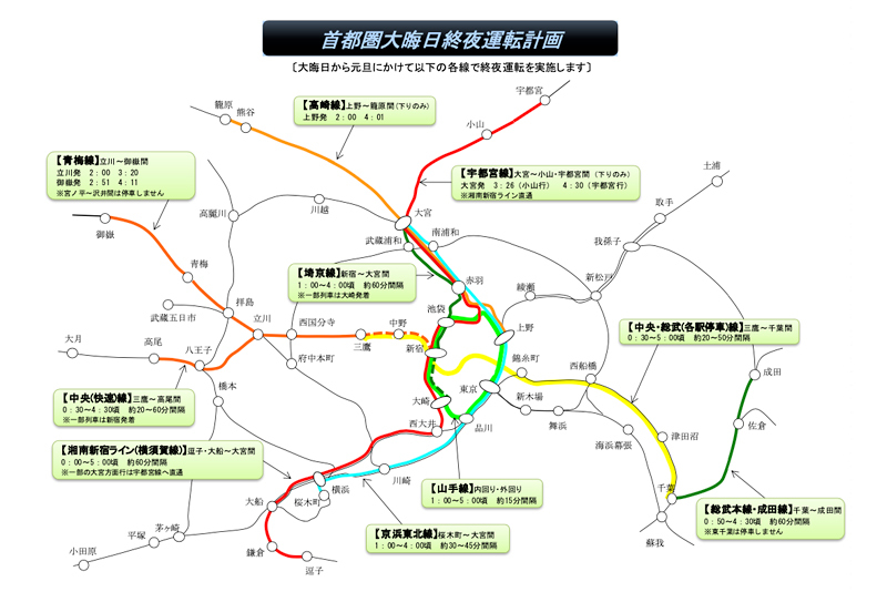 JR東日本、山手線・京浜東北線など首都圏9路線で大晦日に終夜運転 | マイナビニュース