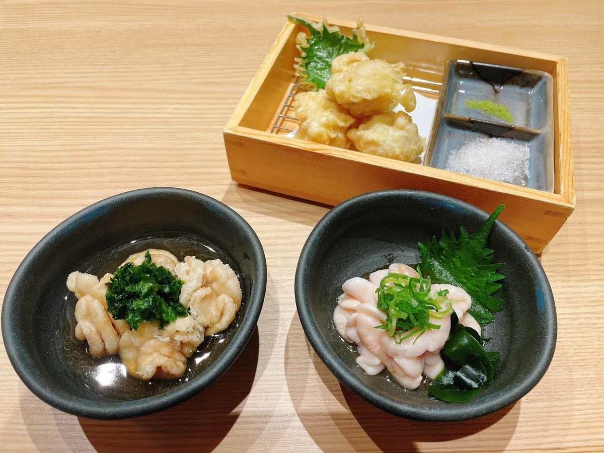 左：「白子の青さ揚げ出し」、右：「白子ポン酢」、上：「白子の天ぷら」各549円
