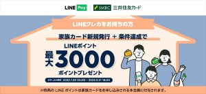 LINEクレカ「家族カード」新規発行で最大3,000ポイントを付与するキャンペーン