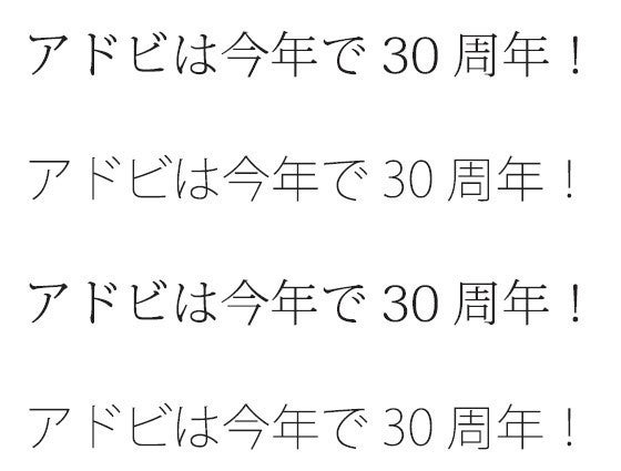 上から、小塚明朝 Pro、小塚ゴシック Pro、小塚明朝 Pr6N、小塚ゴシック Pr6N